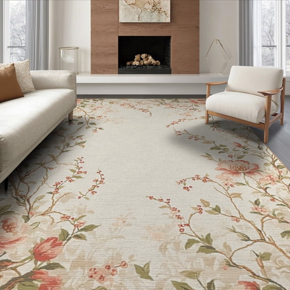 ODIKA 6'x9' Washable Area Rug Circular Foliage Watercolor Botanical Vintage Scroll Circle Round for Queen Size Bedroom, Under Bed, Master Suite, Easy Care, Non-Shedding