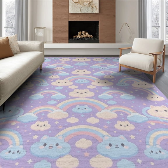 ODIKA 6'x9' Washable Area Rug Classroom Cute Feline Clouds Drifting Rainbows Video Purple Starry for Family Room, Living Room, Master Bedroom, Non-Slip, Easy Care