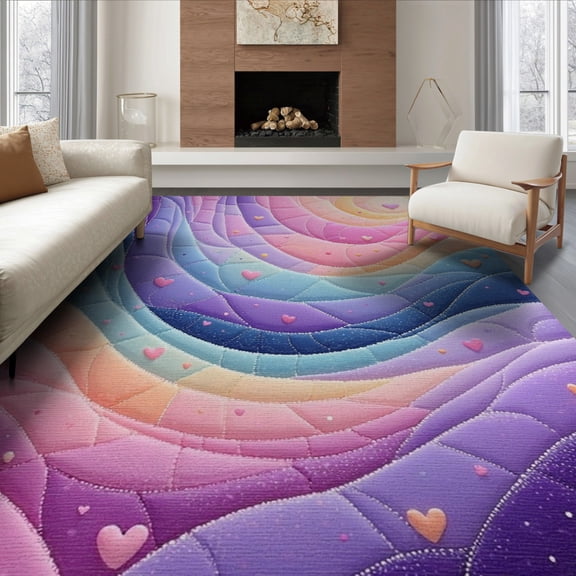 ODIKA 6'x9' Washable Area Rug Classroom Kawaii Pastel Mosaic Mermaid Scale Video Purple Motifs for Queen Size Bedroom, Under Bed, Master Suite, Easy Care, Non-Shedding