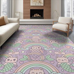 ODIKA 6'x9' Washable Area Rug Classroom Pastel Unicorn Stars Floating Dreams Video Purple Magical for Dining Room, Under Table, Office Décor, Non-Slip Chair-Friendly