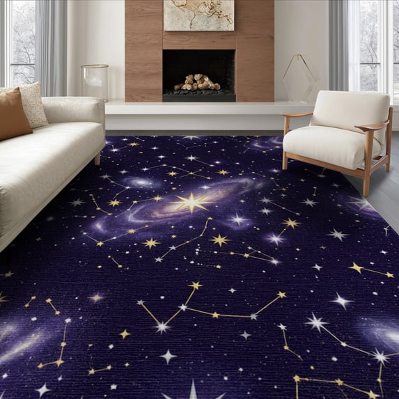 ODIKA 6'x9' Washable Area Rug Constellation Galaxy Stardust Motif Cosmic Swirl Purple Starry Refined for Dining Room, Under Table, Office Décor, Non-Slip Chair-Friendly