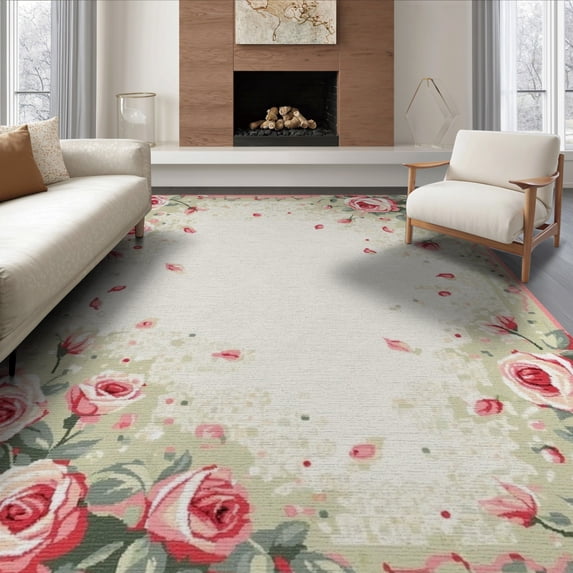 ODIKA 6'x9' Washable Area Rug Coquette Scattered Rose Bouquet With Delicate Bow Accents Vintage for Family Room, Living Room, Master Bedroom, Non-Slip, Easy Care