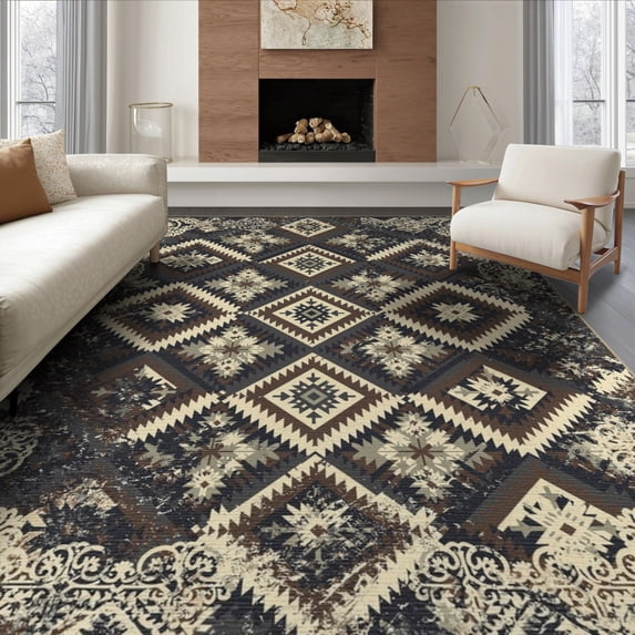 ODIKA 6'x9' Washable Area Rug Cream Distressed Boho Interlocking Geometric Academia Farmhouse for Queen Size Bedroom, Under Bed, Master Suite, Easy Care, Non-Shedding