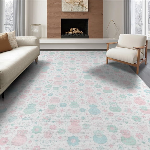 ODIKA 6'x9' Washable Area Rug Cute Navy Print Whimsical Playful Entry Scattered Pink Flowing Dynamic for Family Room, Living Room, Master Bedroom, Non-Slip, Easy Care