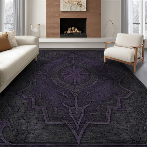 ODIKA 6'x9' Washable Area Rug Dark Purple Intricate Gothic Design Elegant Symmetrical Embellishments and Textured for Queen Size Bedroom, Under Bed, Master Suite, Easy Care, Non-Shedding
