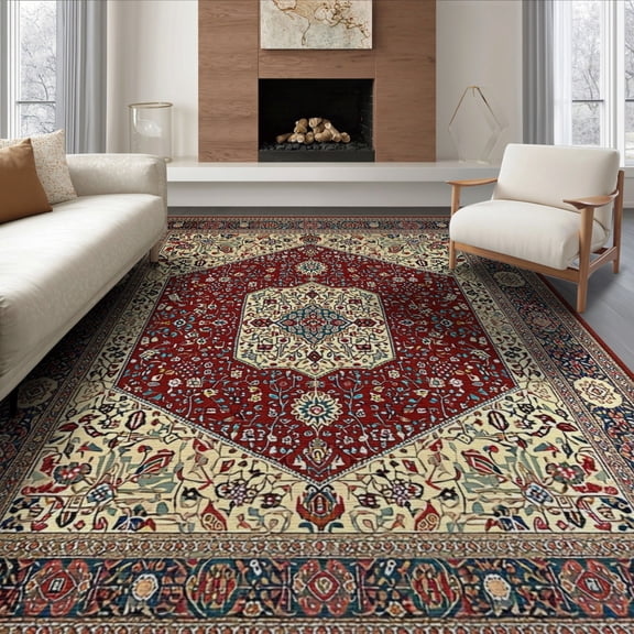 ODIKA 6'x9' Washable Area Rug Deep Red Beige Vintage Hallways Design Hexagonal Medallion with Floral Motifs for Family Room, Living Room, Master Bedroom, Non-Slip, Easy Care