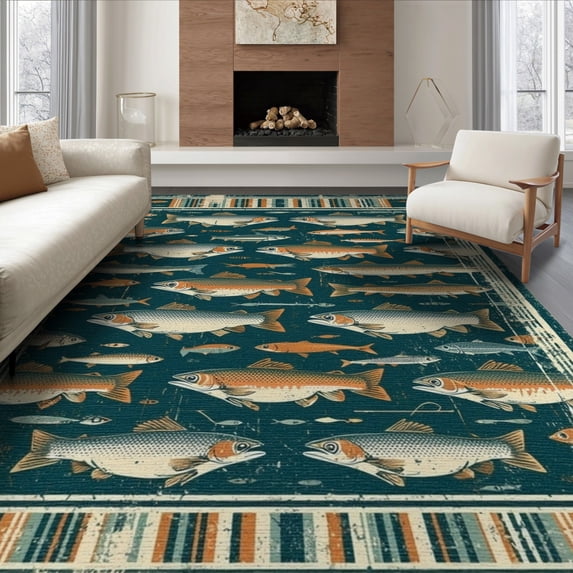 ODIKA 6'x9' Washable Area Rug Deep Teal Fishing Fish Vintage Rustic Trout Motif with Distressed Angler Design for Dining Room, Under Table, Office Décor, Non-Slip Chair-Friendly