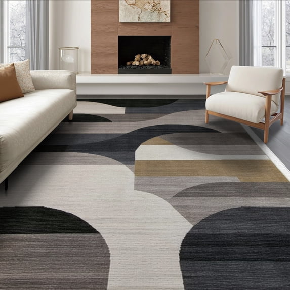 ODIKA 6'x9' Washable Area Rug Dirt Trapper Abstract Herringbone Minimalist Stripe Frame Trapping for Dining Room, Under Table, Office Décor, Non-Slip Chair-Friendly