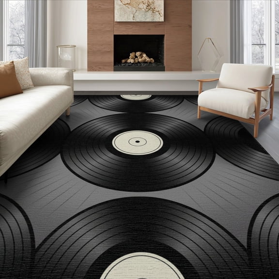ODIKA 6'x9' Washable Area Rug Disc Record Phonograph Album Circular Groove Motif Shaped Music for Queen Size Bedroom, Under Bed, Master Suite, Easy Care, Non-Shedding
