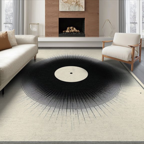 ODIKA 6'x9' Washable Area Rug Disc Record Vinyl Vintage Spinning Groove Motif Shaped Music for Family Room, Living Room, Master Bedroom, Non-Slip, Easy Care