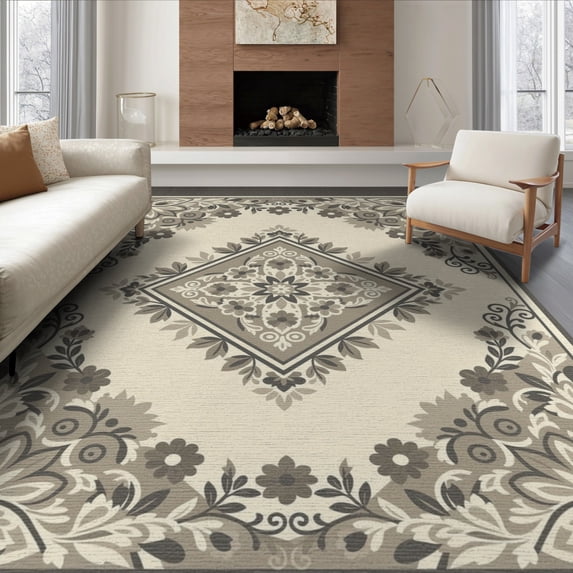ODIKA 6'x9' Washable Area Rug Distressed Medallion Panel With Farmhouse Floral Vine Corners Boho Flowing for Dining Room, Under Table, Office Décor, Non-Slip Chair-Friendly
