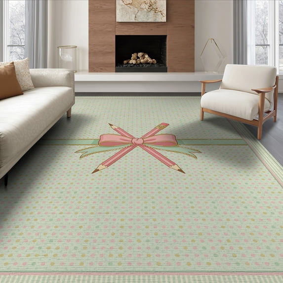ODIKA 6'x9' Washable Area Rug Door Pencil Welcome Classroom Coquette Schoolgirl Teacher School Flowing Dynamic for Dining Room, Under Table, Office Décor, Non-Slip Chair-Friendly