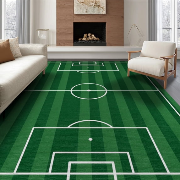 ODIKA 6'x9' Washable Area Rug Doormat Door Football Pitch Athletic Field Layout Soccer Themed for Family Room, Living Room, Master Bedroom, Non-Slip, Easy Care