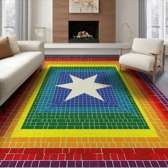 ODIKA 6'x9' Washable Area Rug Doormat Door Mosaic Geometric Stripe Border Motif Welcome for Queen Size Bedroom, Under Bed, Master Suite, Easy Care, Non-Shedding
