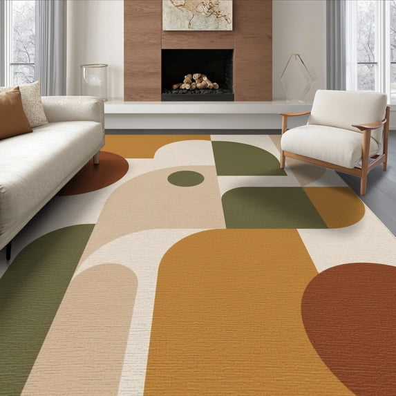 ODIKA 6'x9' Washable Area Rug Earthy Tones Abstract Geometric Design Modern Artistic Interpretation with Bold Geometry for Queen Size Bedroom, Under Bed, Master Suite, Easy Care, Non-Shedding
