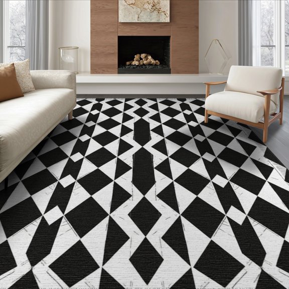 ODIKA 6'x9' Washable Area Rug Easy Care, Non-Shedding, Aesthetic Tilted Chess Contrast Symmetrical Field Checked Checkered for Queen Size Bedroom Under Bed Master Suite