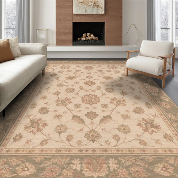 ODIKA 6'x9' Washable Area Rug Easy Care, Non-Shedding, Beige Olive Floral Elegance Symmetric Design Intricate Leaf and Blossom for Queen Size Bedroom Under Bed Master Suite