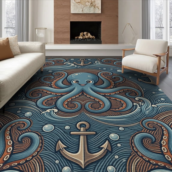 ODIKA 6'x9' Washable Area Rug Easy Care, Non-Shedding, Cartoon Whimsical Nautical Cephalopod Dusty Muted Pirate Palette for Queen Size Bedroom Under Bed Master Suite