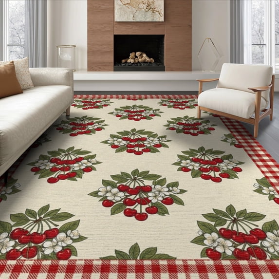 ODIKA 6'x9' Washable Area Rug Easy Care, Non-Shedding, Checkered Border Sprigs Flowers Door Clusters Cherries Cherry Refined Structured for Queen Size Bedroom Under Bed Master Suite