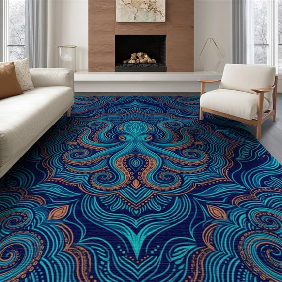 ODIKA 6'x9' Washable Area Rug Easy Care, Non-Shedding, Circle Tentacle Spiral Motif Symmetrical Maritime Theme Cover for Queen Size Bedroom Under Bed Master Suite