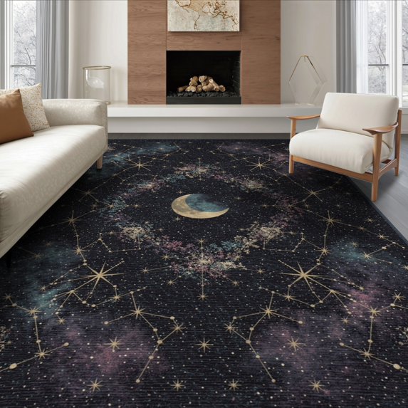 ODIKA 6'x9' Washable Area Rug Easy Care, Non-Shedding, Cosmic Night Sky Featuring Twinkling Stars And Lunar Celestial Art for Queen Size Bedroom Under Bed Master Suite