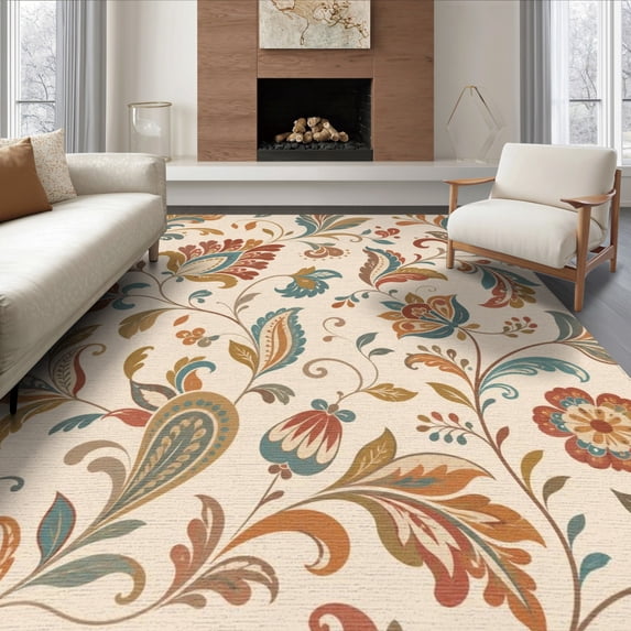 ODIKA 6'x9' Washable Area Rug Easy Care, Non-Shedding, Cream Floral Elegance with Autumnal Accents Intricate Leaf and Blossom Vintage for Queen Size Bedroom Under Bed Master Suite