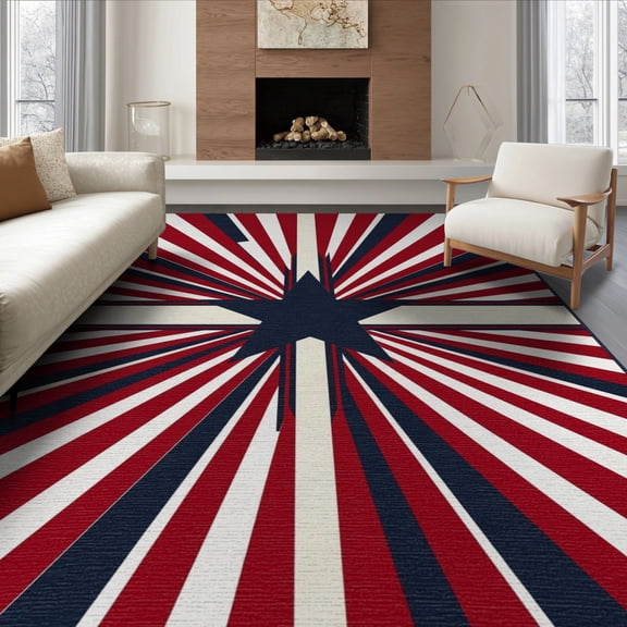 ODIKA 6'x9' Washable Area Rug Easy Care, Non-Shedding, Door Welcome Patriotic Stripes Independence Striped Motif July Flowing Dynamic for Queen Size Bedroom Under Bed Master Suite