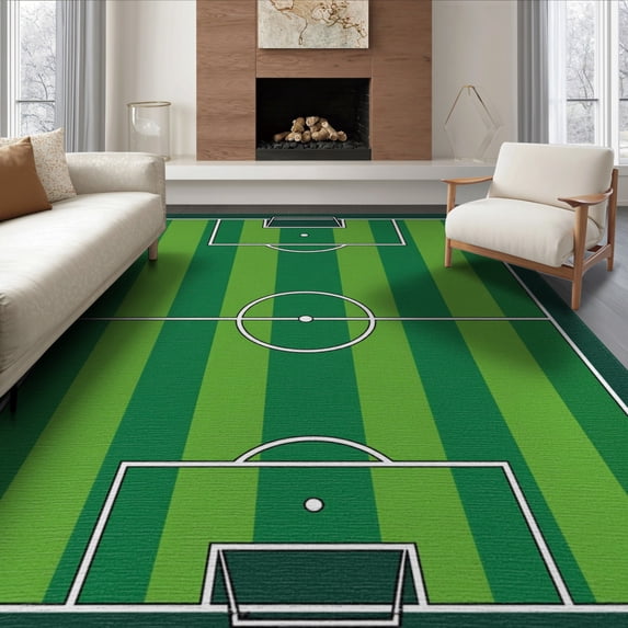 ODIKA 6'x9' Washable Area Rug Easy Care, Non-Shedding, Doormat Soccer Door Field Bordered Stadium Stripe Layout Themed for Queen Size Bedroom Under Bed Master Suite