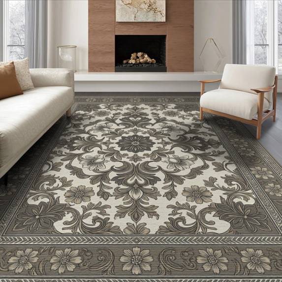 ODIKA 6'x9' Washable Area Rug Easy Care, Non-Shedding, Entry Faded Grey Botanical Scroll Muted Neutral Decorative Entryway for Queen Size Bedroom Under Bed Master Suite