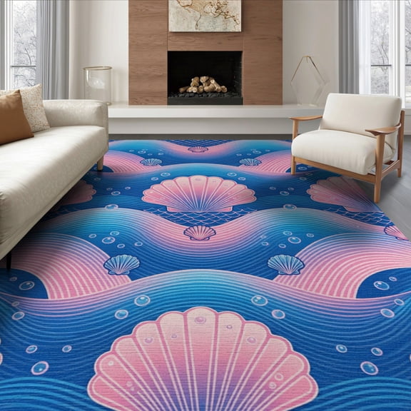 ODIKA 6'x9' Washable Area Rug Easy Care, Non-Shedding, Fish Scallop Waves Bubble Scale Ombre Mermaid Gradient Refined for Queen Size Bedroom Under Bed Master Suite
