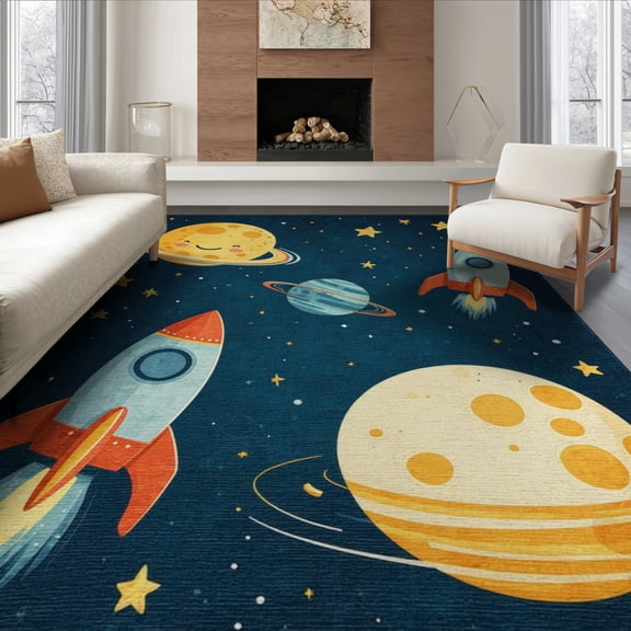 ODIKA 6'x9' Washable Area Rug Easy Care, Non-Shedding, Galaxy Universe Astronaut Theme With Rockets Stars And Planets for Queen Size Bedroom Under Bed Master Suite