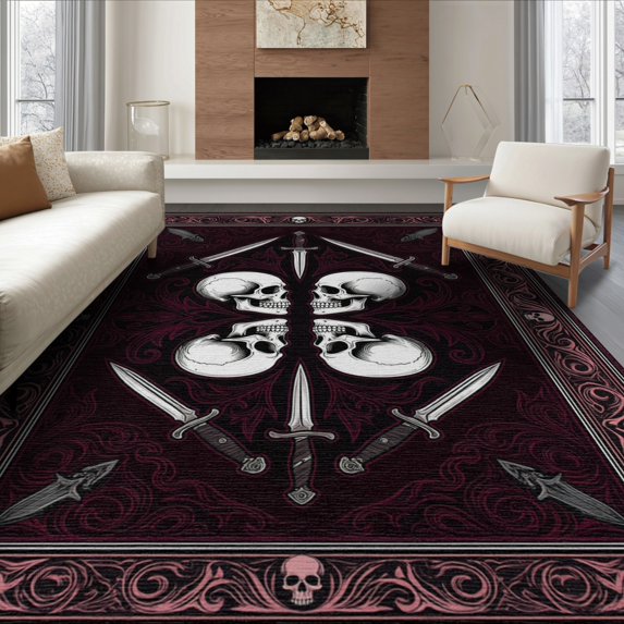 ODIKA 6'x9' Washable Area Rug Easy Care, Non-Shedding, Ghost Dual Horror Skeleton Face Goth Blade Decorative Gothic for Queen Size Bedroom Under Bed Master Suite