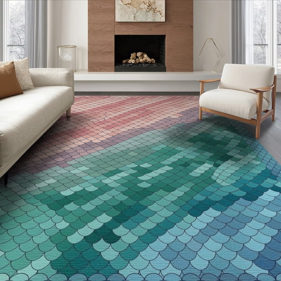ODIKA 6'x9' Washable Area Rug Easy Care, Non-Shedding, Gradient Fish Mosaic Scale Border Motif Ombre Mermaid Flowing Dynamic for Queen Size Bedroom Under Bed Master Suite