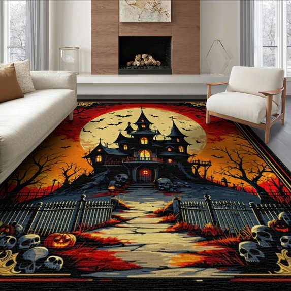 ODIKA 6'x9' Washable Area Rug Easy Care, Non-Shedding, Halloween Eerie Spooky Bats Gothic Skull Motif for Queen Size Bedroom Under Bed Master Suite