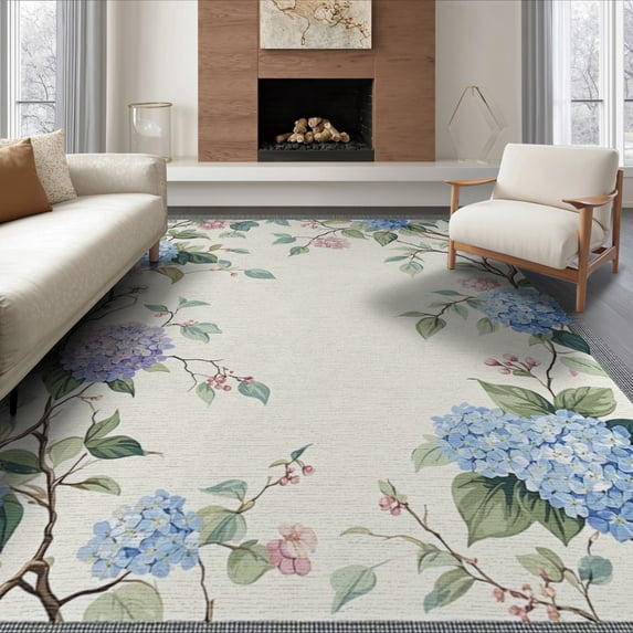 ODIKA 6'x9' Washable Area Rug Easy Care, Non-Shedding, Hydrangea Watercolor Floral With Eucalyptus Vine And Plaid Corner Details for Queen Size Bedroom Under Bed Master Suite