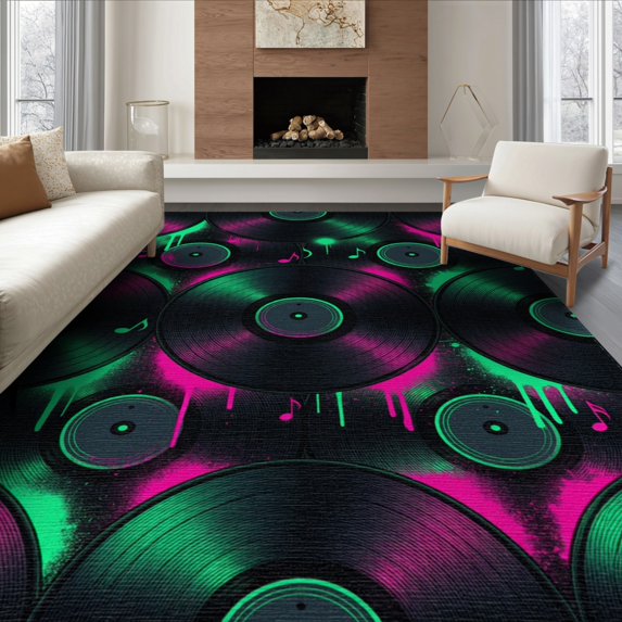 ODIKA 6'x9' Washable Area Rug Easy Care, Non-Shedding, Music Vinyl Note Groove Dripping Paint Round Movie Eight Record for Queen Size Bedroom Under Bed Master Suite