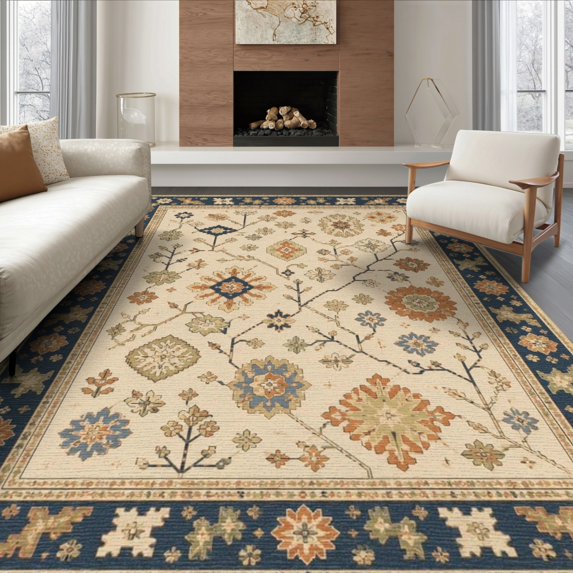 ODIKA 6'x9' Washable Area Rug Easy Care, Non-Shedding, Navy Beige Floral and Geometric Garden Design Elegant Botanical Motifs with Symmetrical for Queen Size Bedroom Under Bed Master Suite