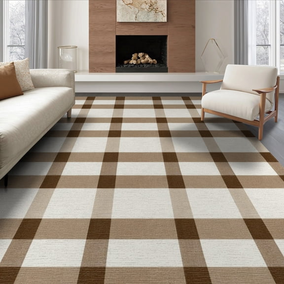 ODIKA 6'x9' Washable Area Rug Easy Care, Non-Shedding, Nursey Plaid Neutral Checkered Farmhouse Gingham Grid Motif Nirsery for Queen Size Bedroom Under Bed Master Suite