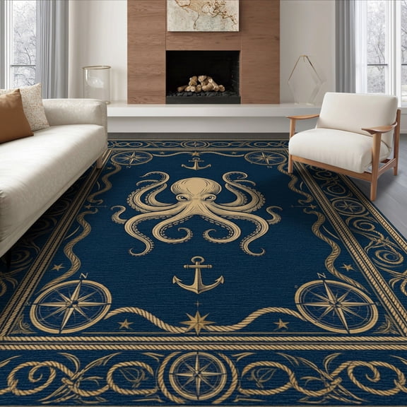 ODIKA 6'x9' Washable Area Rug Easy Care, Non-Shedding, Octopus Cartoon Koi Ocean Buccaneer Navigator Sailing Ship Pirate for Queen Size Bedroom Under Bed Master Suite