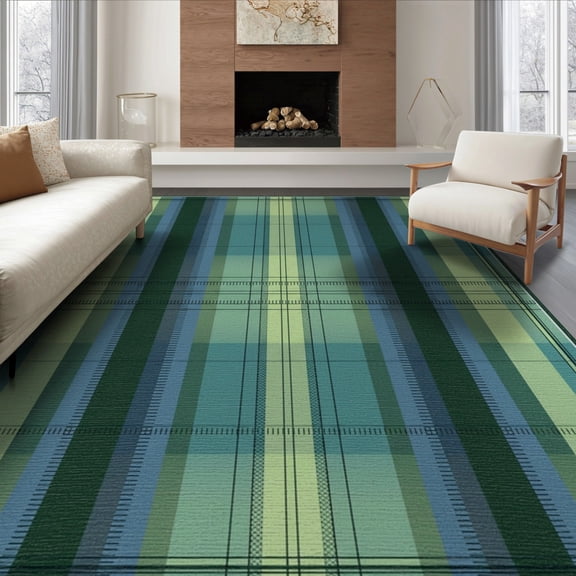 ODIKA 6'x9' Washable Area Rug Easy Care, Non-Shedding, Panels Gradient Ticking Rhythm Farmhouse Checkered Lime Striped Plaid Playful for Queen Size Bedroom Under Bed Master Suite