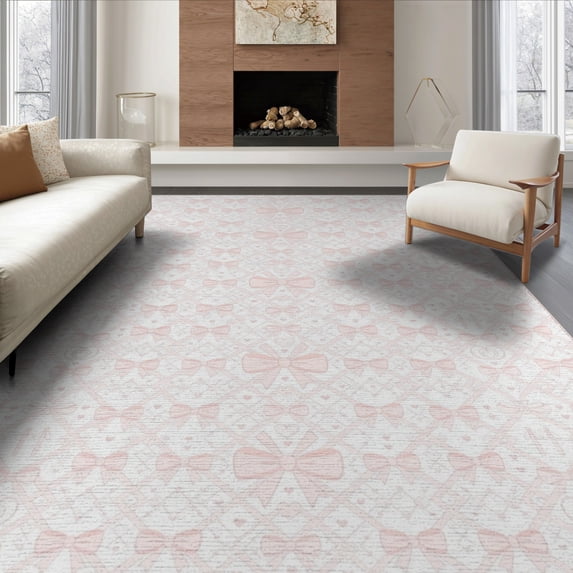 ODIKA 6'x9' Washable Area Rug Easy Care, Non-Shedding, Pink Motifs Symmetrical Bordered Layout Featuring Coquette for Queen Size Bedroom Under Bed Master Suite