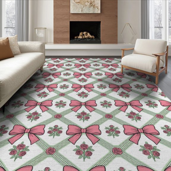 ODIKA 6'x9' Washable Area Rug Easy Care, Non-Shedding, Pink Romantic Blossoms Through Delicate Vine Coquette Framework for Queen Size Bedroom Under Bed Master Suite