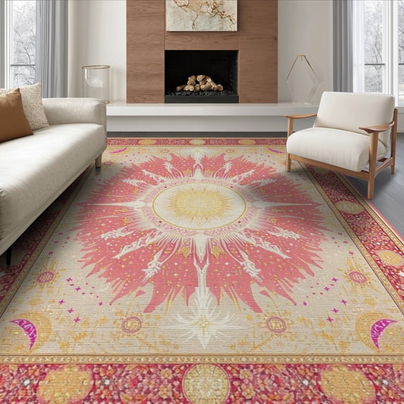ODIKA 6'x9' Washable Area Rug Easy Care, Non-Shedding, Pink Vintage Boho Gothic Whimsical Stars Retro Cottagecore Beige for Queen Size Bedroom Under Bed Master Suite