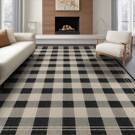 ODIKA 6'x9' Washable Area Rug Easy Care, Non-Shedding, Primitive Vintage Checker Motif Frame Concentric Ring Folk Border for Queen Size Bedroom Under Bed Master Suite
