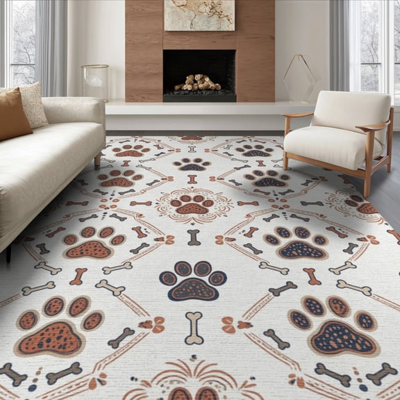 ODIKA 6'x9' Washable Area Rug Easy Care, Non-Shedding, Print Paws Mixed Bones Spots Alfombra Para Perros Printed for Queen Size Bedroom Under Bed Master Suite