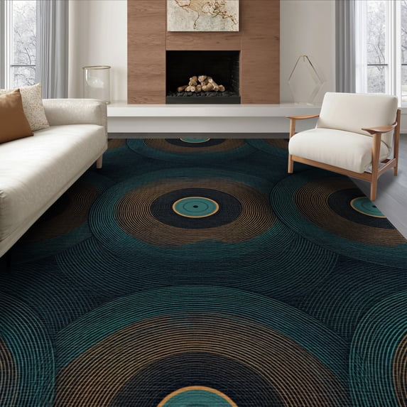 ODIKA 6'x9' Washable Area Rug Easy Care, Non-Shedding, Record Inspired Vinyl Geometric Circle Wave Shaped Music Round for Queen Size Bedroom Under Bed Master Suite