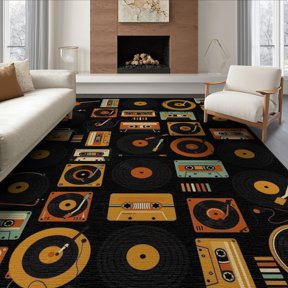 ODIKA 6'x9' Washable Area Rug Easy Care, Non-Shedding, Record Retro Vinyl Music Collage Dj Turntable Cassette Player for Queen Size Bedroom Under Bed Master Suite