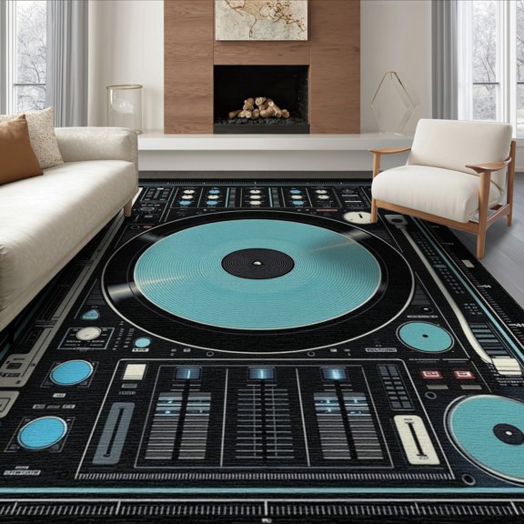 ODIKA 6'x9' Washable Area Rug Easy Care, Non-Shedding, Record Vinyl Dj Mixer Blueprint Decks Retro Equalizer Bars Player for Queen Size Bedroom Under Bed Master Suite