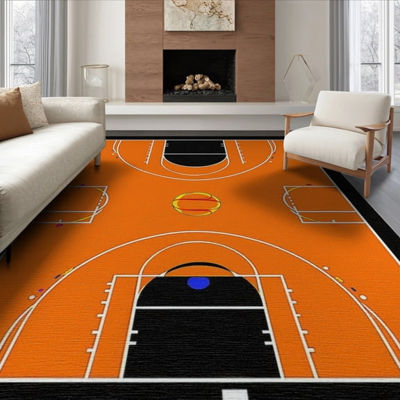 ODIKA 6'x9' Washable Area Rug Easy Care, Non-Shedding, Round Blanket Basketball Bold Stripe Football Center Hoop Motif for Queen Size Bedroom Under Bed Master Suite