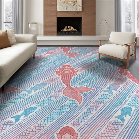 ODIKA 6'x9' Washable Area Rug Easy Care, Non-Shedding, Scale Whimsical Ocean Fish Ombre Mermaid Gradient Refined Structured for Queen Size Bedroom Under Bed Master Suite